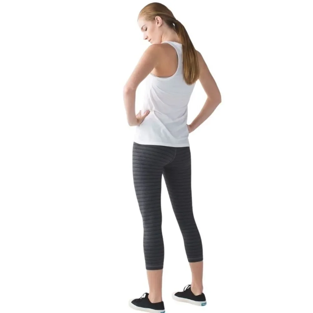 Lululemon Wunder Under Cropped Gray Black Striped Leggings Tights Womens Size 12